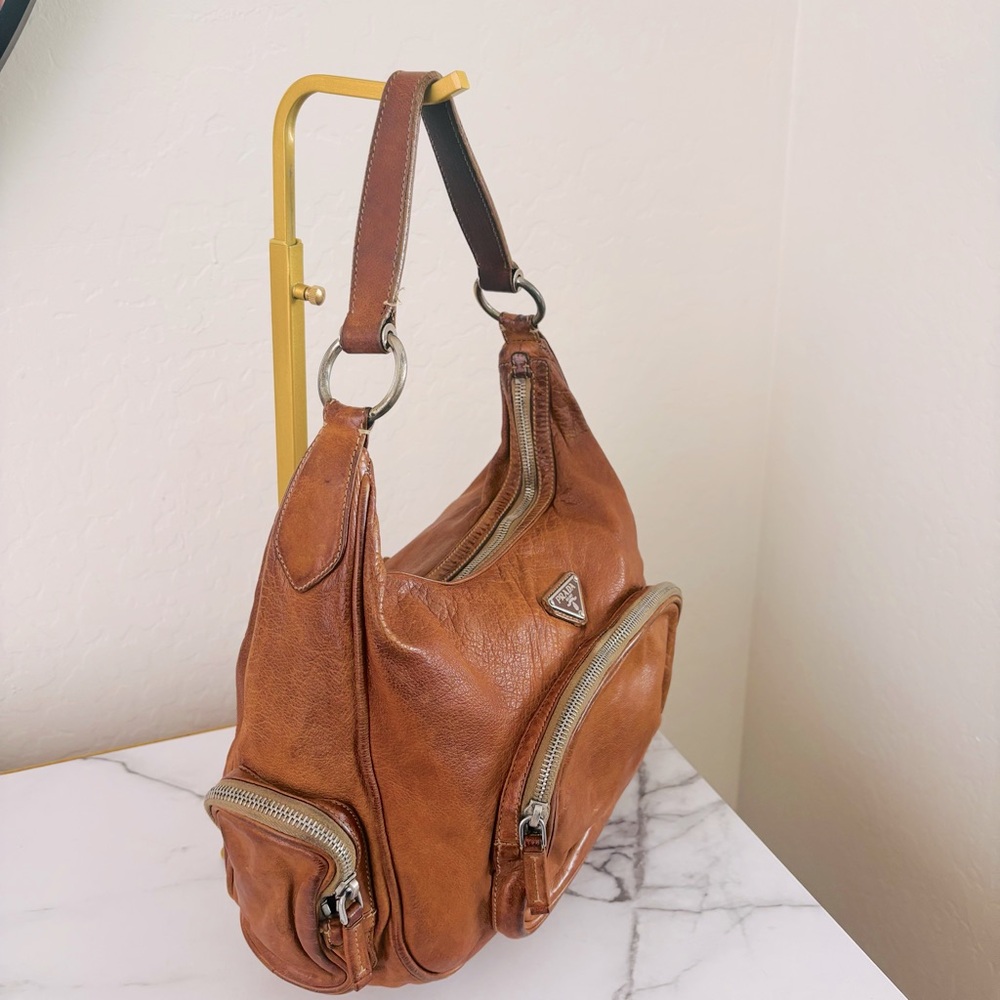 Prada Vintage Authentic Washed Buffalo Bauletto Hobo Bag Purse Naturale Tan COA - Picture 5 of 14